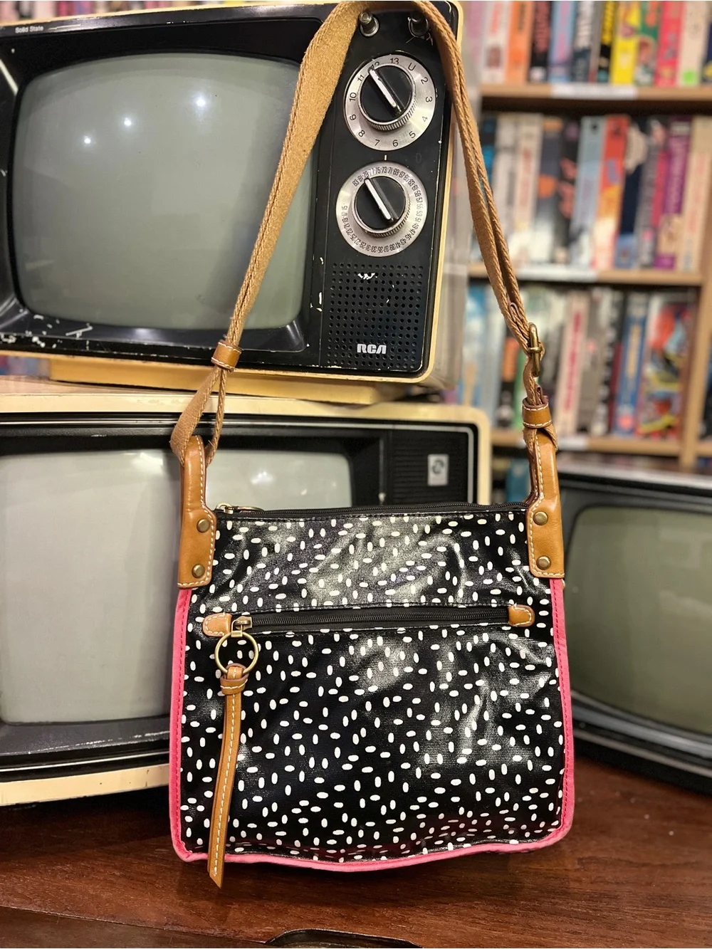 Fossil Black White Polka Dot Coated Canvas Crossbody Shoulder Bag